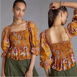 Anthropologie Yellow Gold Floral smocked Peplum Top XL (NWT)